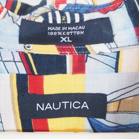 Vintage Nautica Mens Button Down Short Sleeve Shirt XL- Sail Boats Graphic Print - Picture 3 of 10